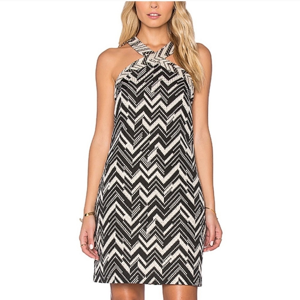 Trina Turk Black Metallic Gold Zigzag Akita Halter Dress 10